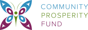 Community Prosperity Fund logo. Butterfly with blue, green and purple.