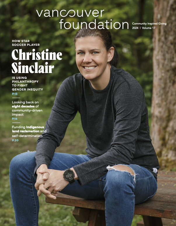 Christine Sinclair sitting smiling on the cover of the 2024 Vancouver Foundation magazine